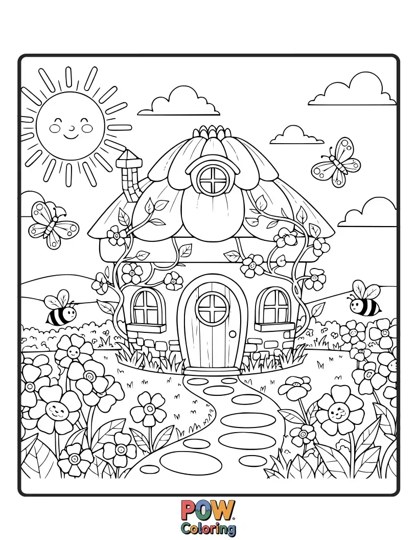 Free coloring page of A charming greenhouse overflowing with vibrant flowers and vegetables, ready to be brought to life with color.