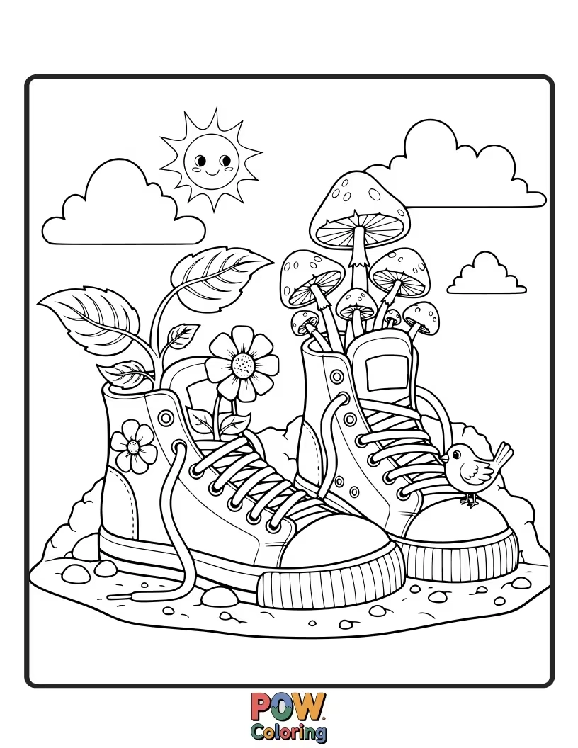 Free coloring page of Mini garden growth of mushrooms and flowers grown in the sneakers.