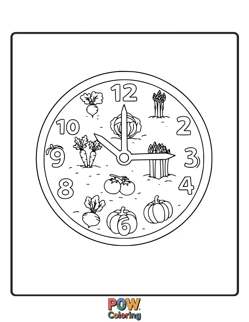 Free coloring page of A healthy and fun clock showcasing various colorful vegetables around the numbers.