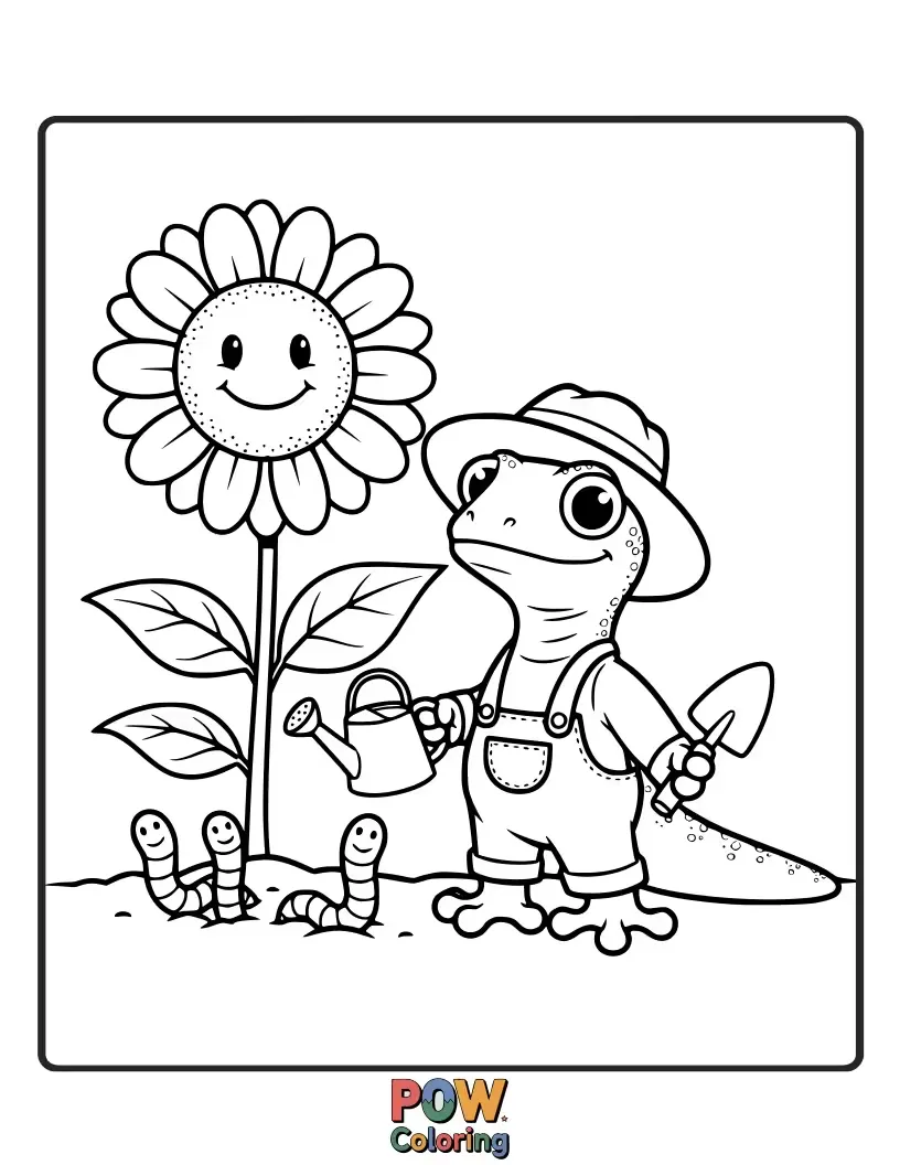 Free coloring page of A diligent gecko lizard wearing overalls and a straw hat, tending to a garden of giant flowers.
