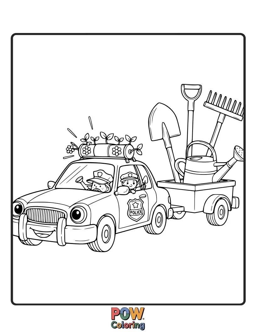 Free coloring page of Gardener police car, patrols the park, ensuring all the flowers are blooming and the trees are well-cared for.