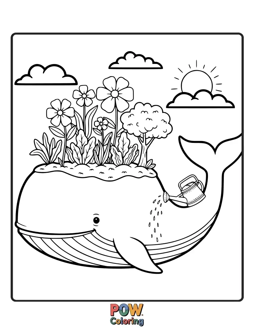 Free coloring page of A gentle whale tending to a patch of glowing underwater plants, watering them with a tiny watering can.