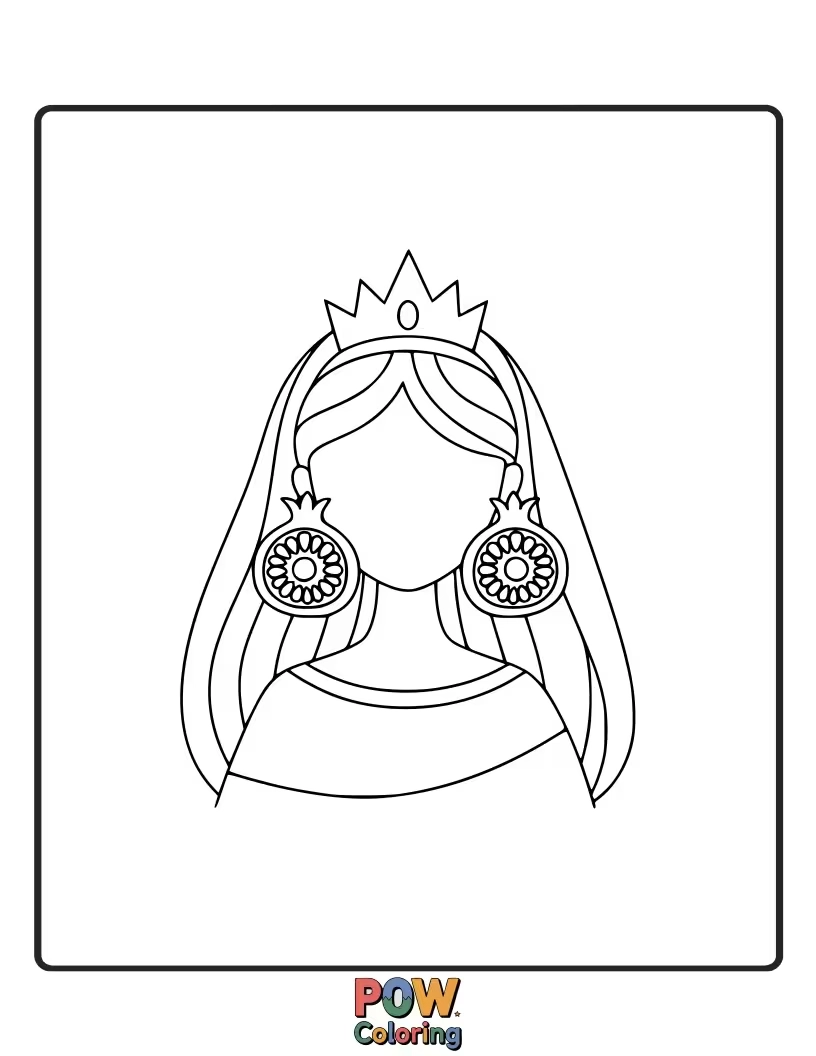 Free coloring page of A regal princess wearing striking earrings featuring deep red garnets.
