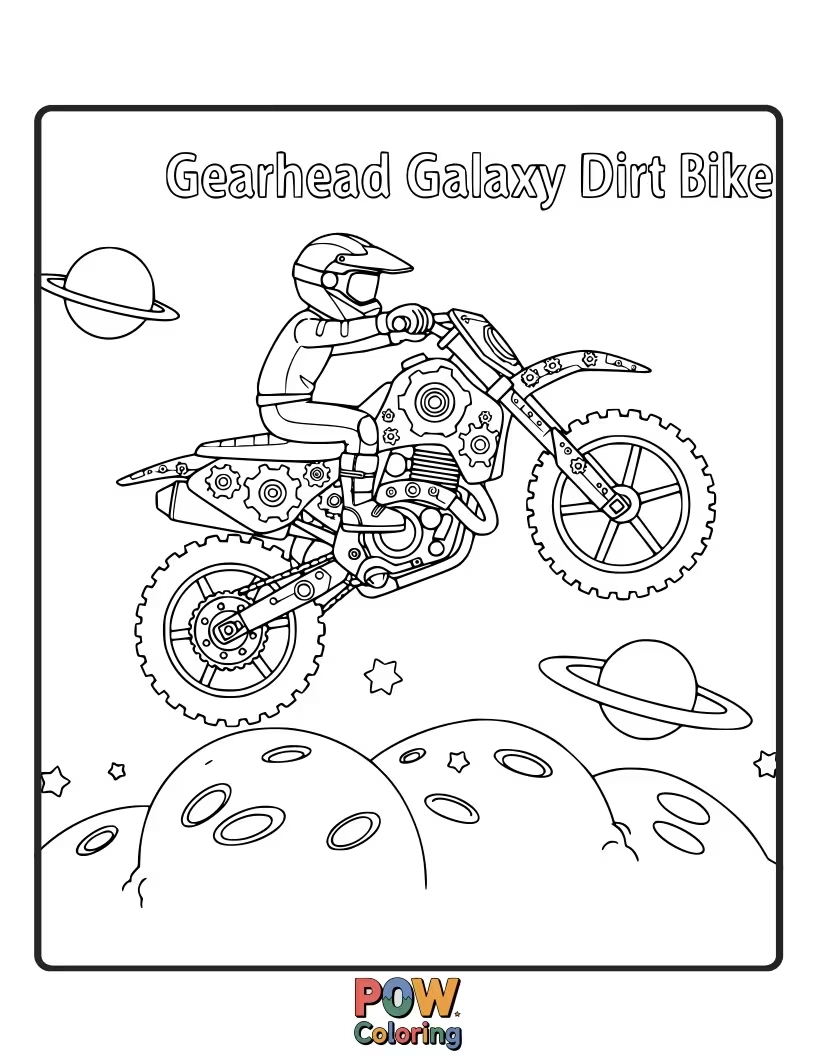 Free coloring page of A dirt bike with mechanical parts and cosmic elements, racing through a star-filled galaxy.