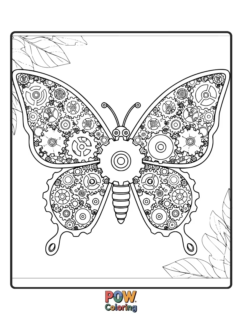 Free coloring page of A creative butterfly with intricate gear and cog wings, whirring and clicking as it explores a mechanical garden.