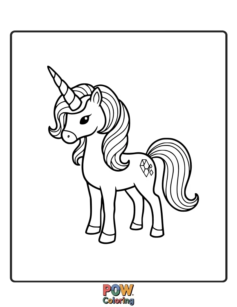 Free coloring page of Unicorn with a horn made of a large, radiant gemstone, reflecting colorful light.
