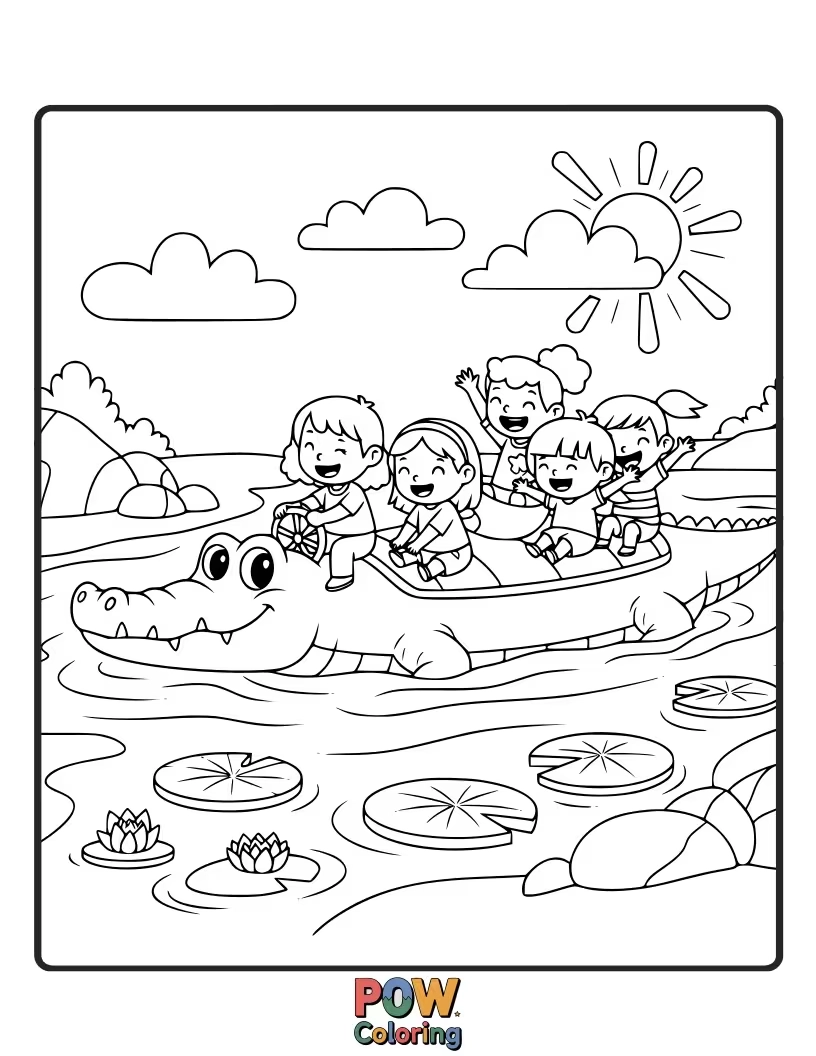 Free coloring page of A gentle crocodile offering a ride down a calm river to its smaller friends.