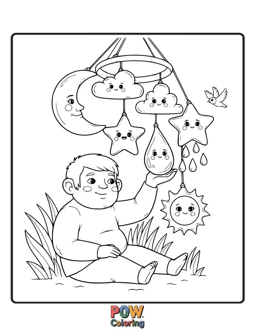 Free coloring page of A friendly giant holding a large wind chime, its gentle music echoing.