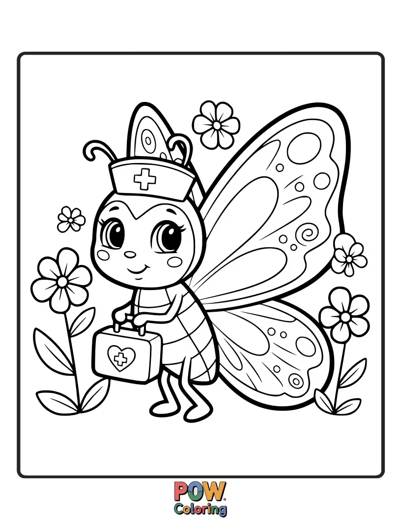 Free coloring page of A delicate butterfly nurse with colorful wings, fluttering around to bring peace and healing to fragile beings.