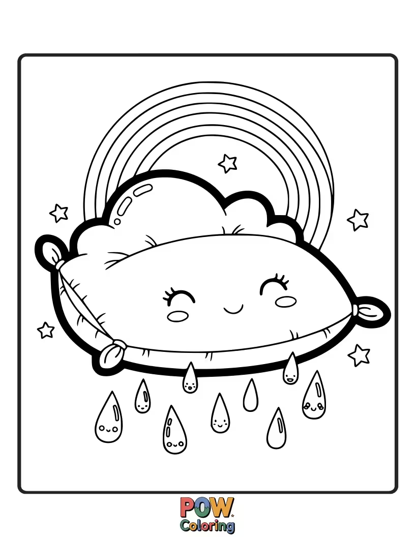 Free coloring page of A pillow with soft raindrops gently falling upon it. Color the calming rhythm of this tranquil scene.