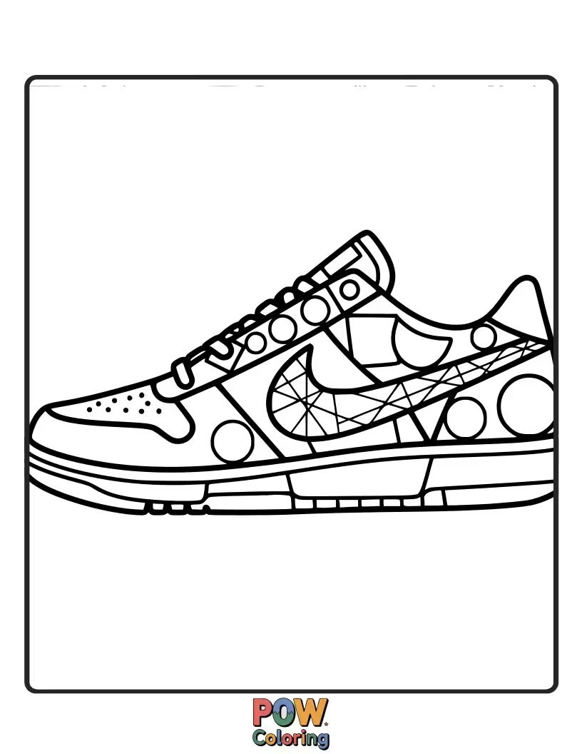 Free coloring page of A modern Nike shoe with bold geometric shapes and patterns, offering a clean and stylish coloring experience.