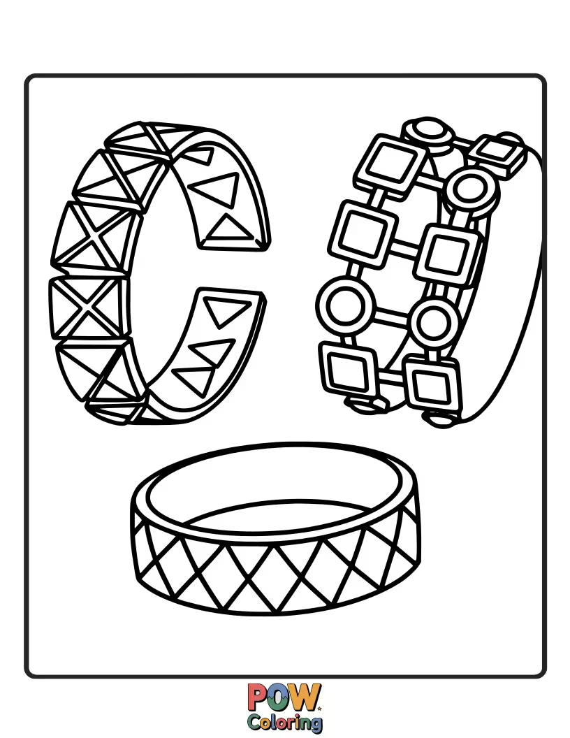 Free coloring page of Clean geometric shapes like triangles and squares are set like gems on a sleek bracelet band. Modern and chic.