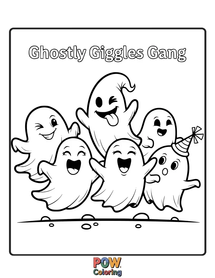 Free coloring page of A group of friendly ghosts are floating together, giggling uncontrollably at a spooky joke.