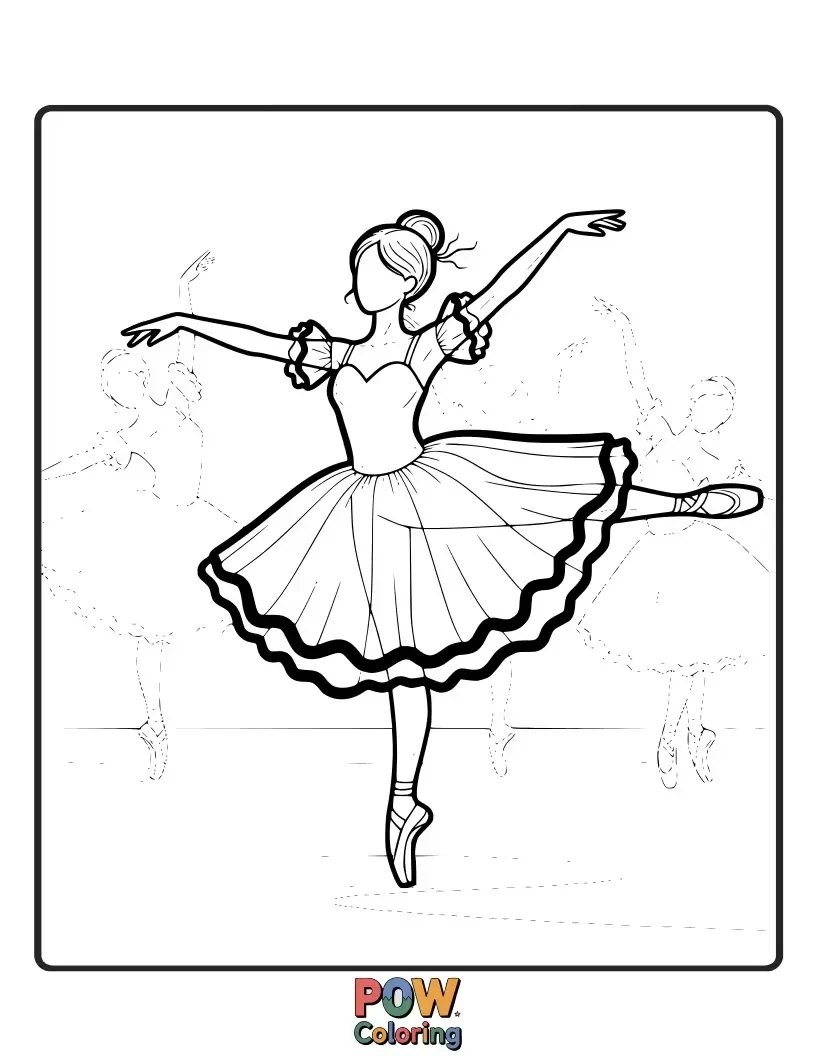 Free coloring page of A transparent ghost in a flowing tutu practices ethereal arabesques, drifting gracefully across the stage. Spooky steps!