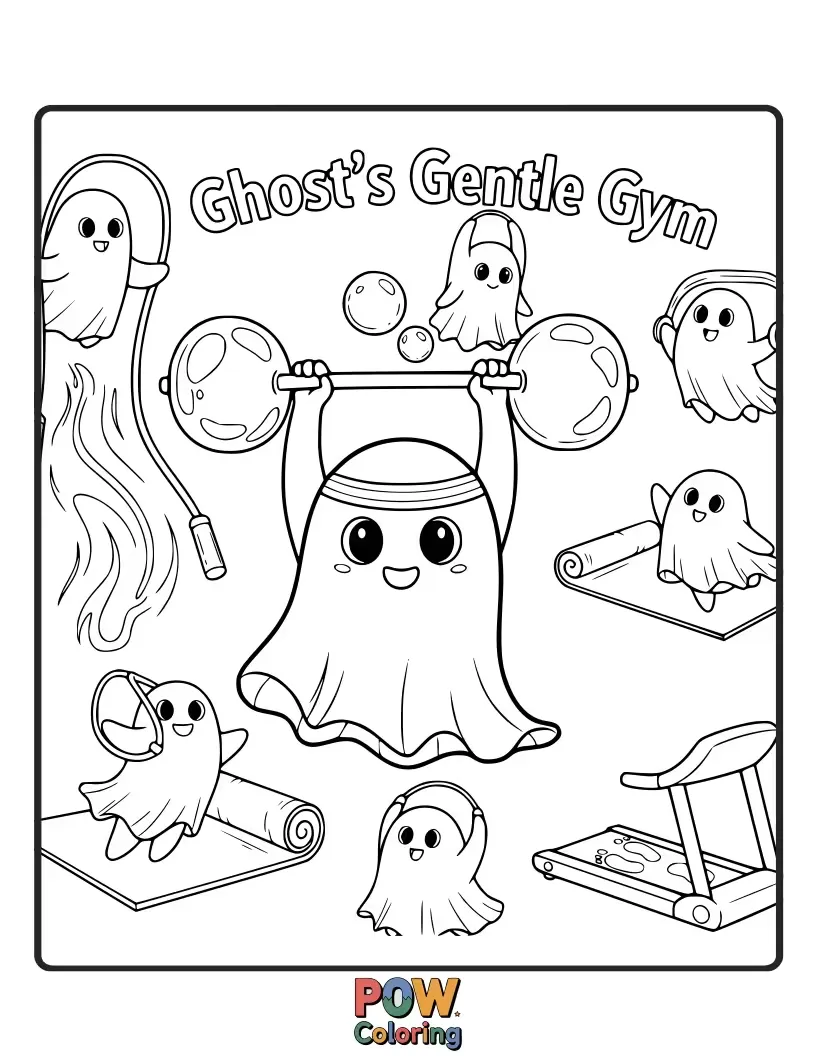 Free coloring page of A translucent, friendly ghost floating through a yoga class, effortlessly achieving the most challenging poses.