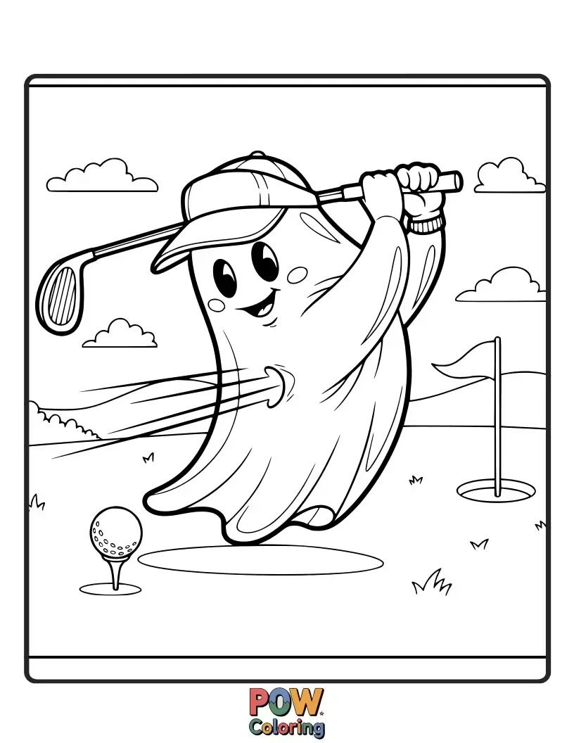 Free coloring page of A playful ghost attempting to swing a golf club, its translucent form phasing through the ball.