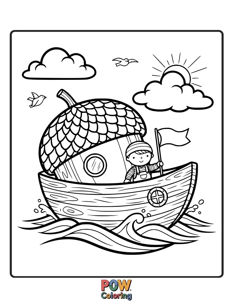 Free coloring page of A sturdy boat ingeniously carved from a giant acorn, with tiny leaves for sails, perfect for a forest stream adventure.