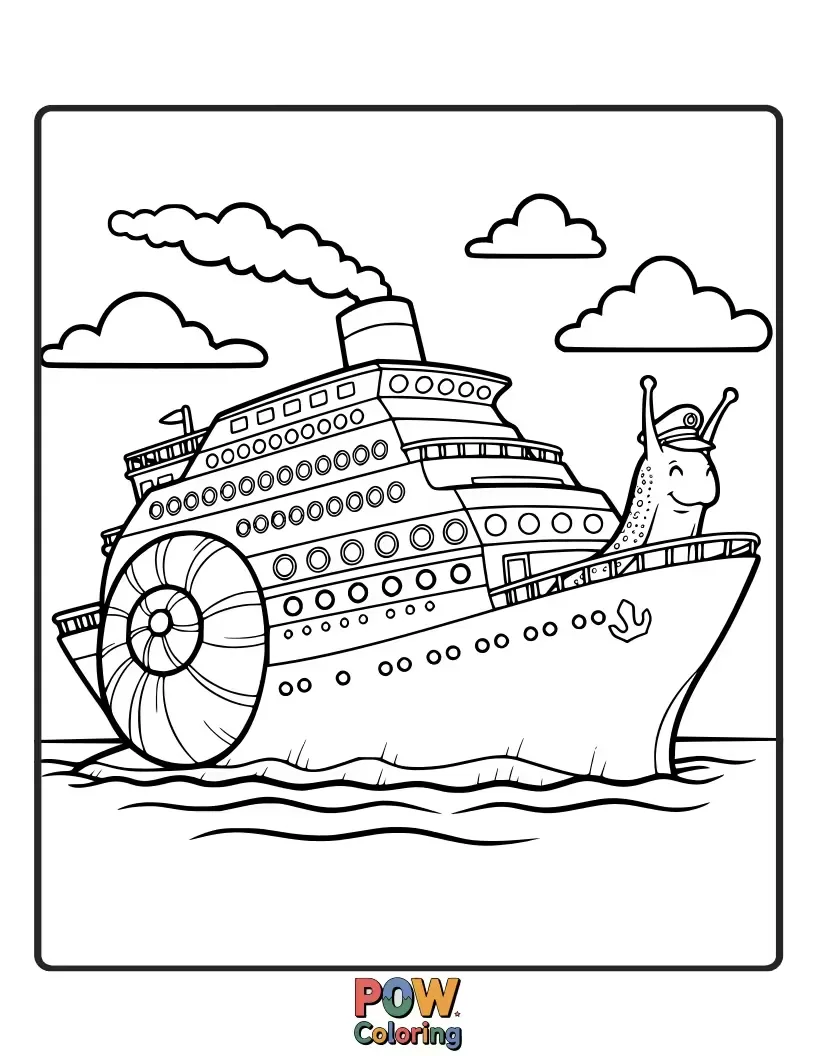 Free coloring page of A slow but steady cruise ship cleverly designed as a giant snail, with its shell as the main cabin and a happy trail.