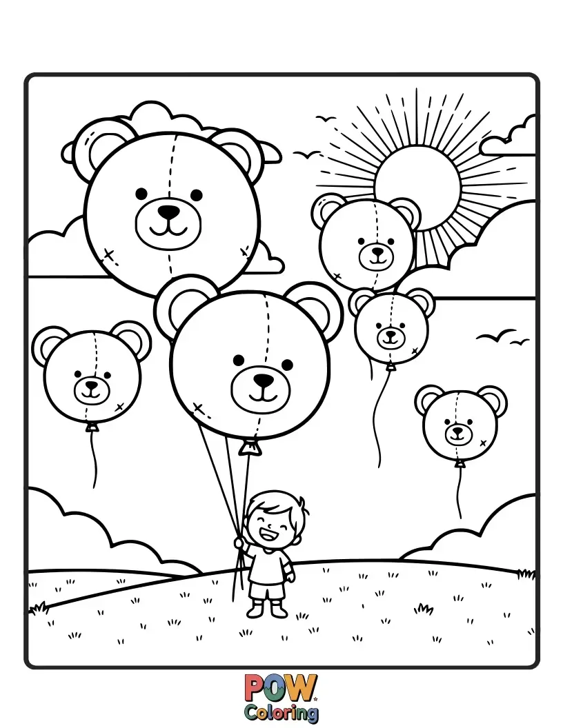Free coloring page of A friendly giant teddy bear is the pilot of a huge, cuddly hot air balloon, waving from above.