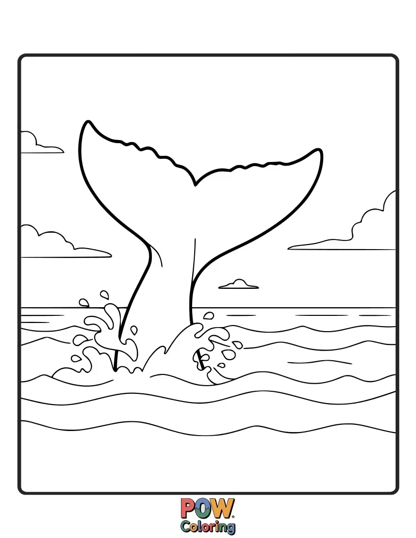 Free coloring page of A large whale's tail fin emerging from the water, providing a grand and exciting shape to color.