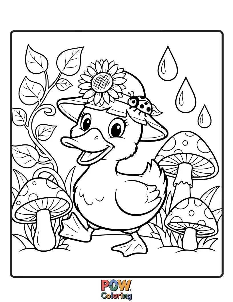 Free coloring page of This cheerful duck is surrounded by blooming flowers and friendly garden critters, a truly beautiful scene.