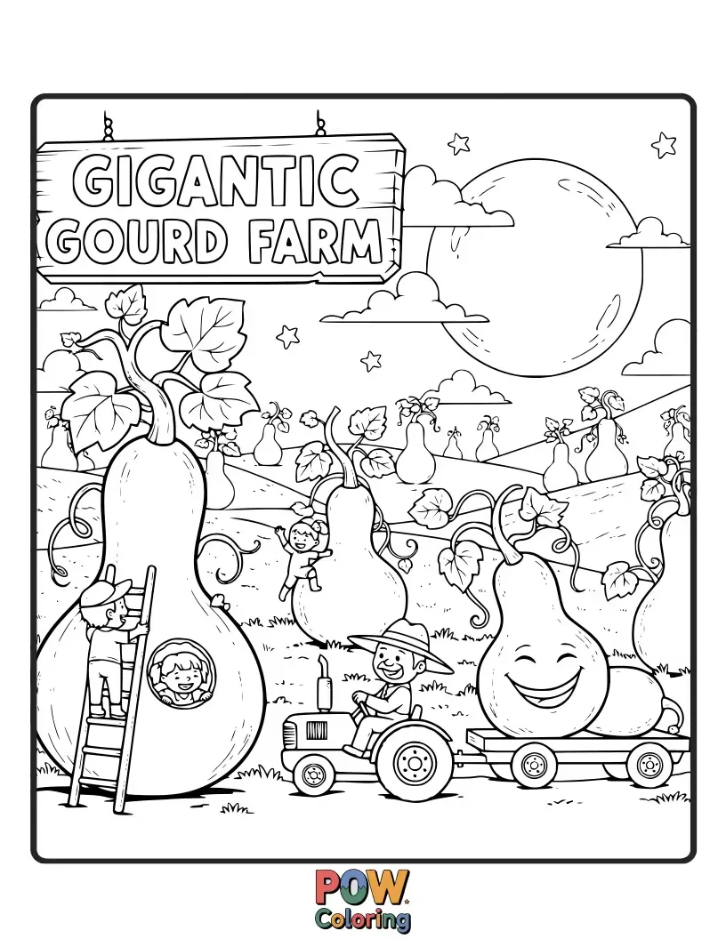 Free coloring page of A whimsical farm scene featuring enormous, smiling gourds and cheerful little gnomes.