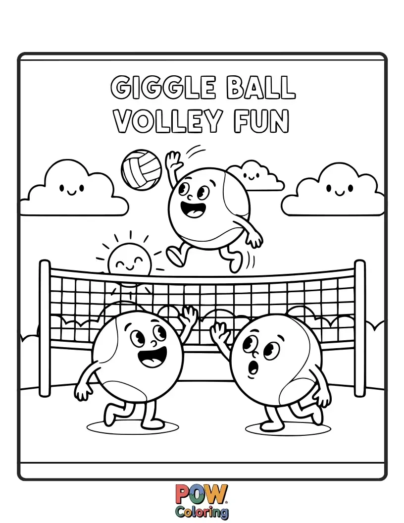 Free coloring page of Funny cartoon volleyball with a comical expression, inviting playful coloring adventures.