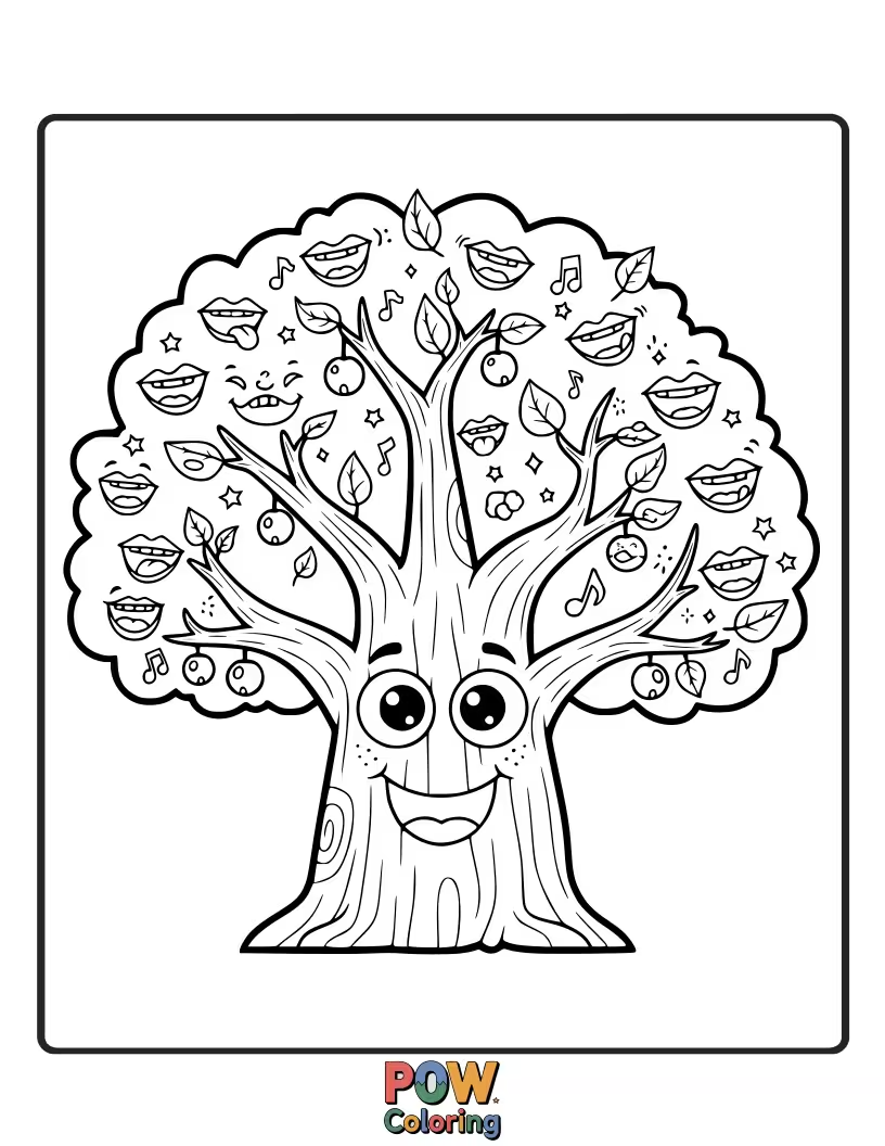 Free coloring page of Trees with funny faces etched into their bark, sharing a secret joke that makes their leaves rustle.