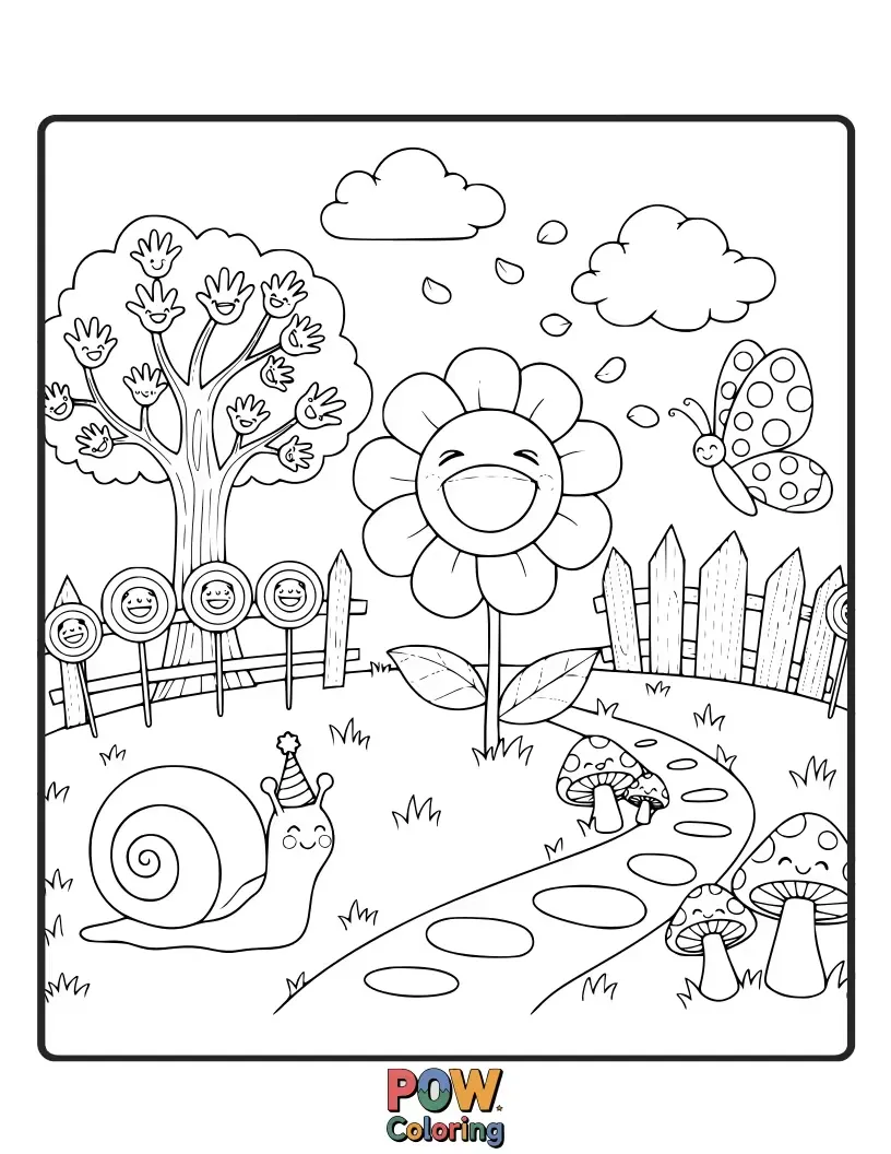 Free coloring page of Flowers with smiley faces that seem to giggle, their petals shaking with laughter in a sunny garden.