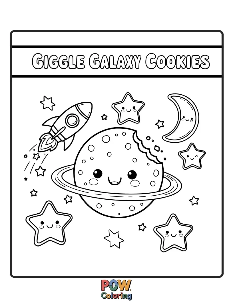 Free coloring page of Hilarious cookies shaped like funny aliens and swirling nebulae. Get ready for a cosmic burst of laughter!