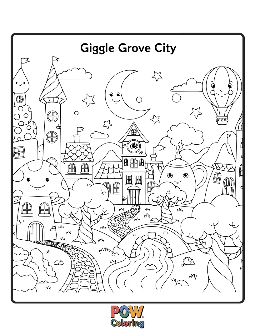 Free coloring page of A whimsical city where buildings have smiling faces and playful patterns. A cheerful place filled with laughter.