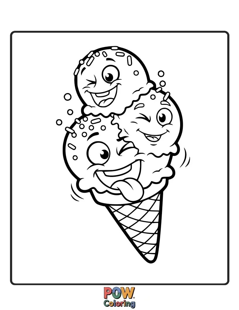 Free coloring page of A wobbly ice cream cone with a big, infectious grin, guaranteed to bring smiles and laughter.