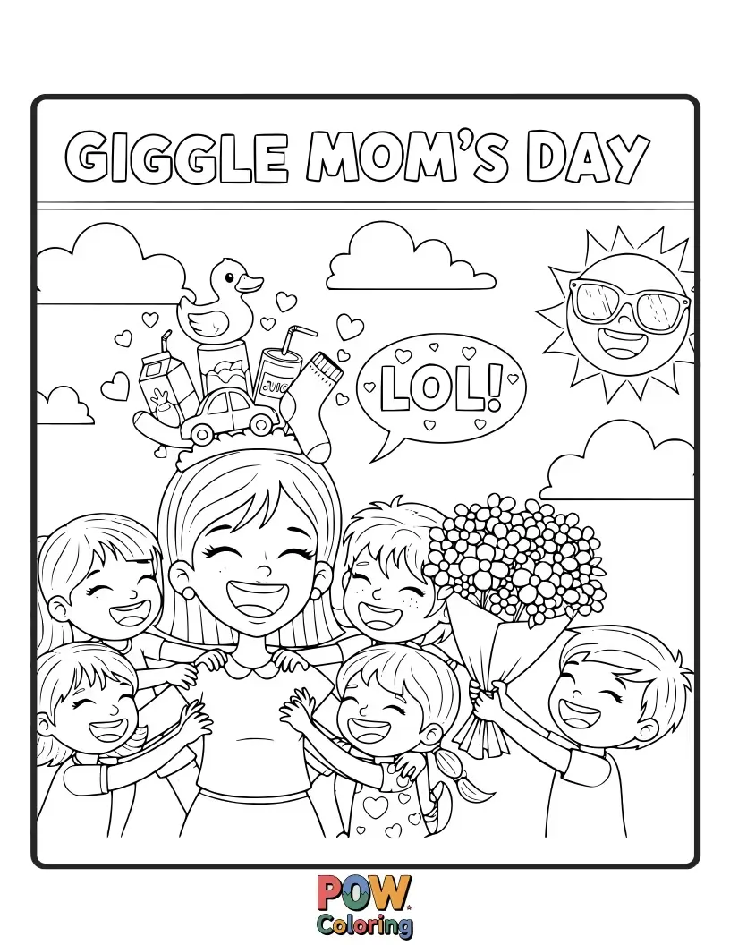 Free coloring page of A funny scene of mom trying to balance multiple items (like a pie, a phone, and a cat). Humorous and relatable chaos.