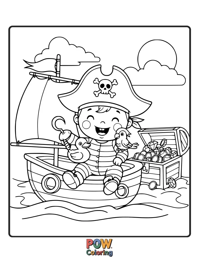Free coloring page of A giggling baby pirate in oversized clothes, clutching a rubber ducky like a precious gem.