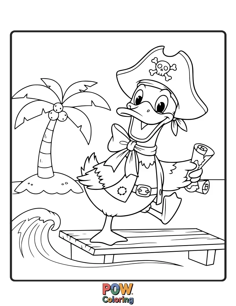 Free coloring page of A cheerful duck pirate in a captain's hat, quacking with delight on a tiny raft.