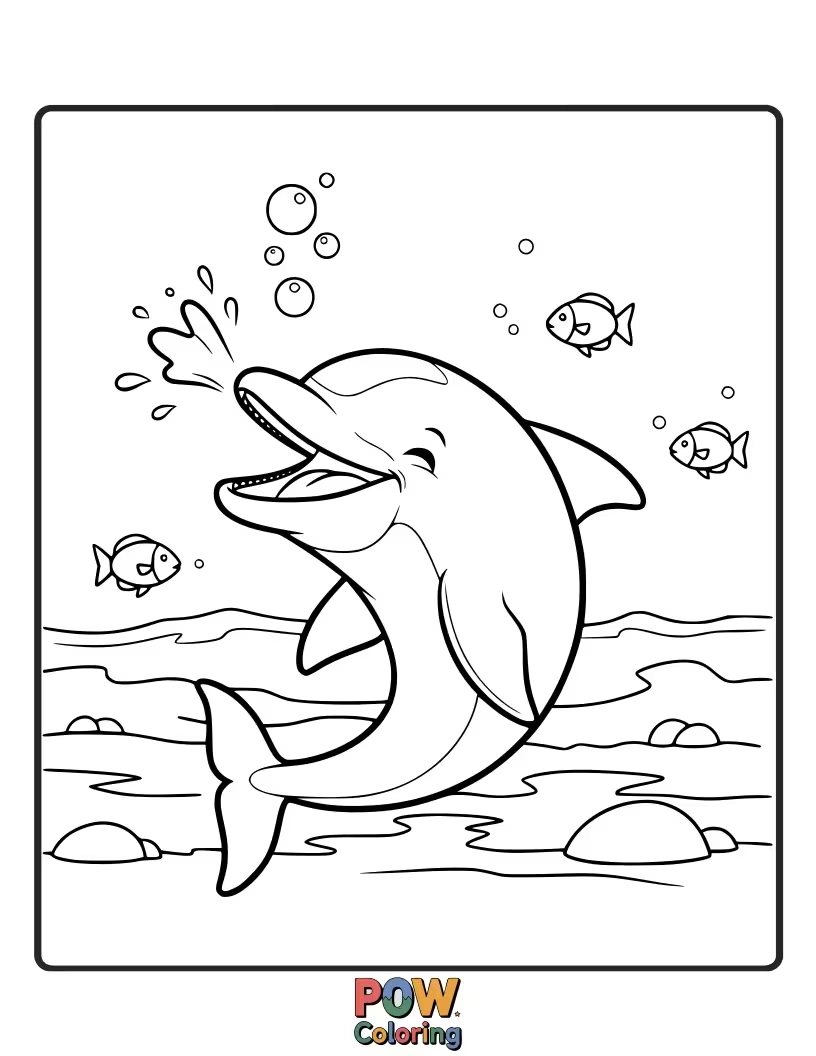 Free coloring page of Capture the silliness of a dolphin that can't stop giggling and snorting water.