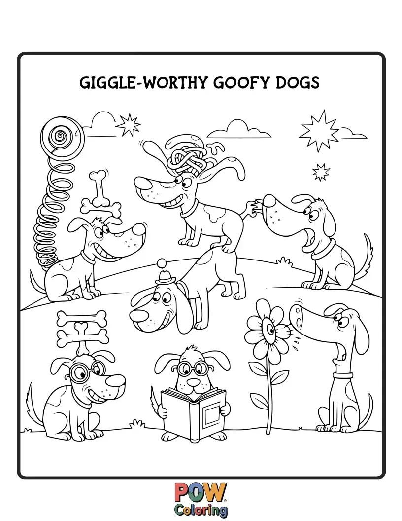 Free coloring page of Hilariously funny dogs caught in comical situations, like wearing silly hats or making exaggerated facial expressions for maximum laughs.