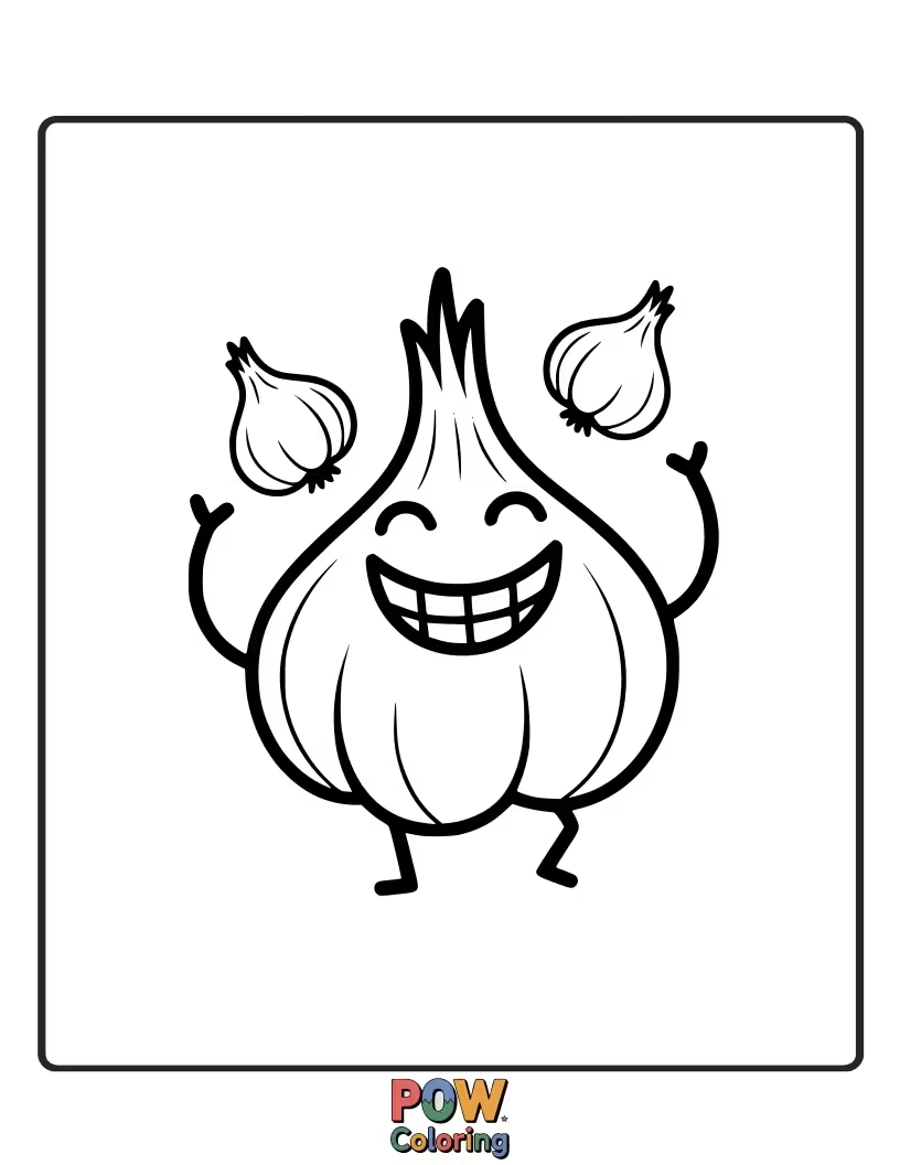 Free coloring page of A bulb of garlic with an infectious grin, sharing jokes with a mischievous little worm.