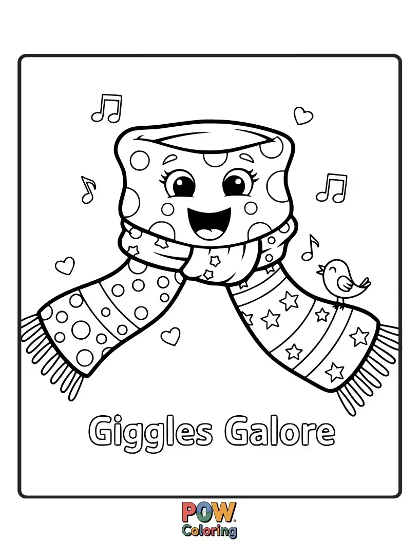 Free coloring page of A scarf with silly faces and polka dots, worn by a cheerful bear. Lots of laughter and fun designs to color.