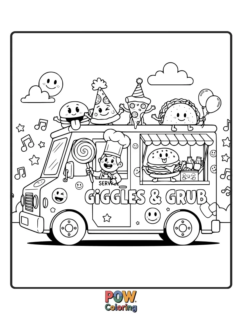 Free coloring page of A funny food truck with googly eyes and a big grin, serving hilarious food creations with a playful demeanor.