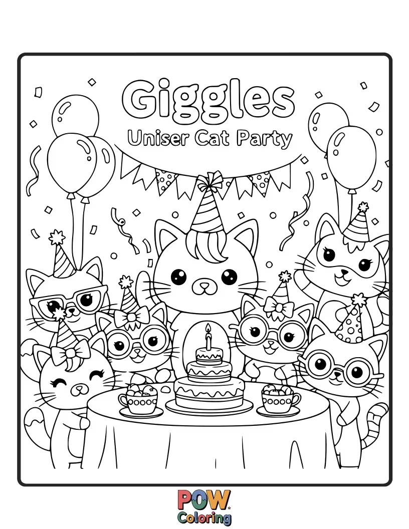 Free coloring page of A group of cheerful unicorn cats wearing tiny party hats, playing with yarn balls and confetti, all giggling with joy.