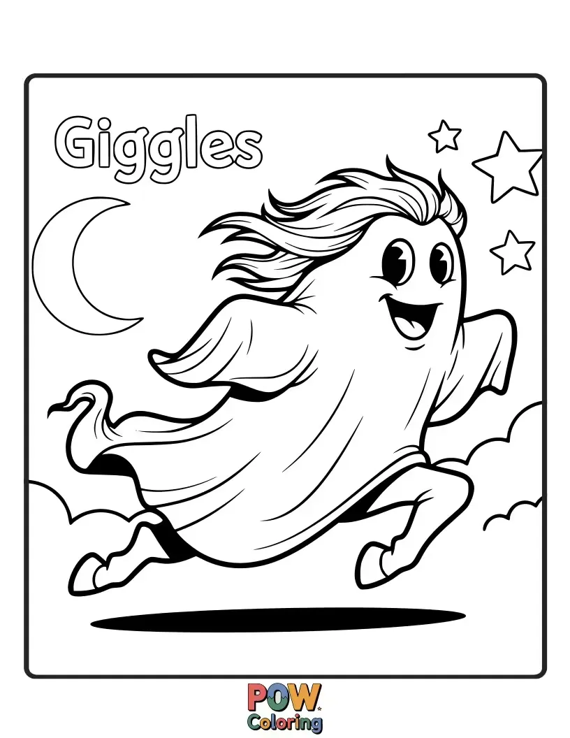 Free coloring page of A friendly, translucent ghost horse with a silly grin, floating playfully through a moonlit meadow.