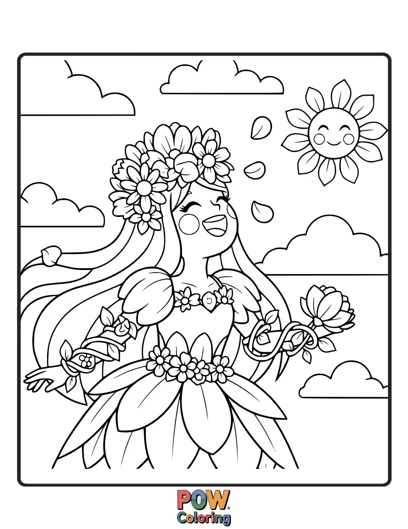 Free coloring page of A cheerful princess surrounded by talking flowers that are giggling with delight.