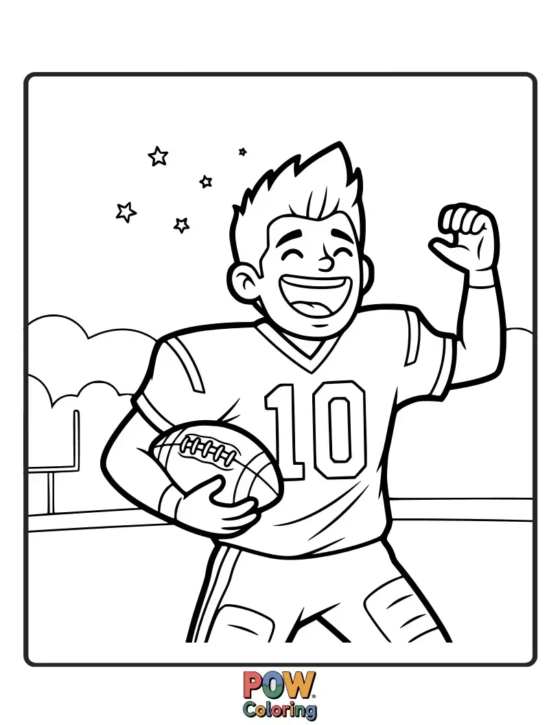 Free coloring page of A cheerful football character with big, silly eyes and a wide grin, mid-kick. This playful design is bursting with fun.