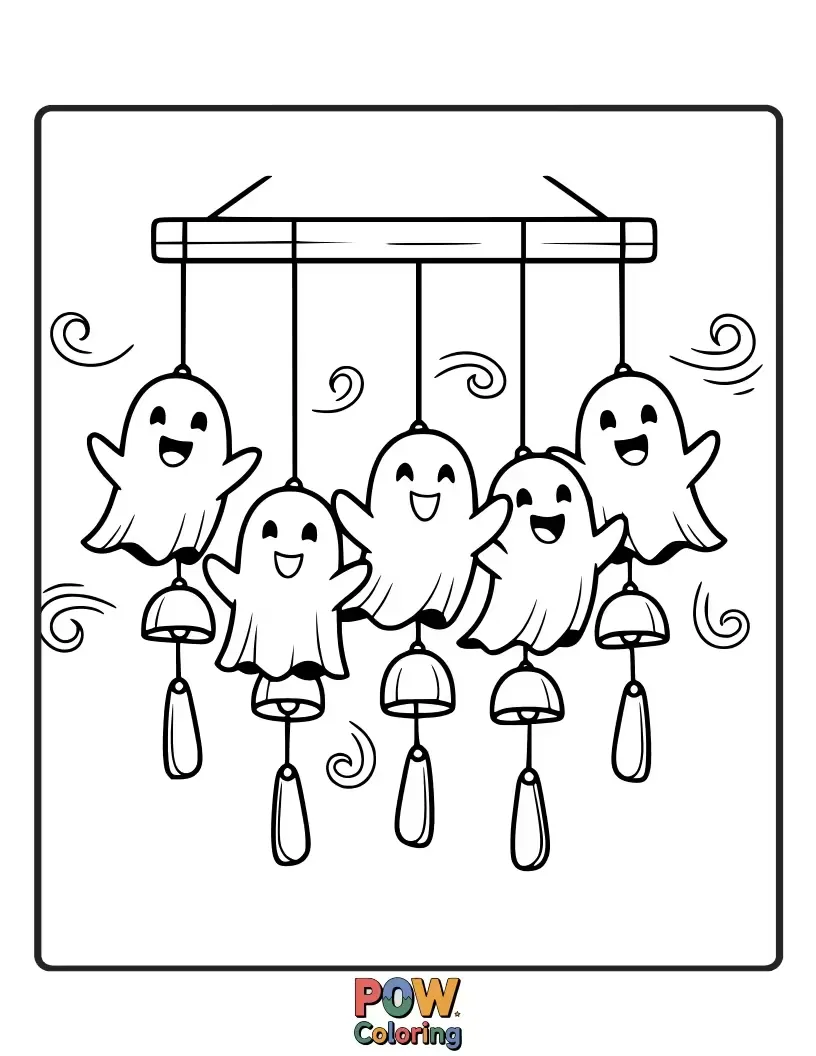 Free coloring page of Silly, giggling ghosts happily ringing translucent wind chimes in a playful setting.