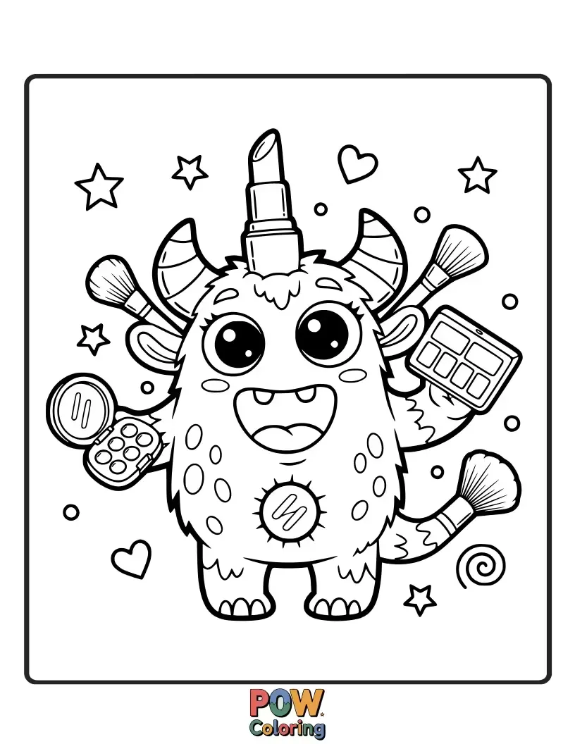 Free coloring page of A friendly, googly-eyed monster adorably adorned with mismatched lipstick and blush. Guaranteed to bring smiles and colorful fun.