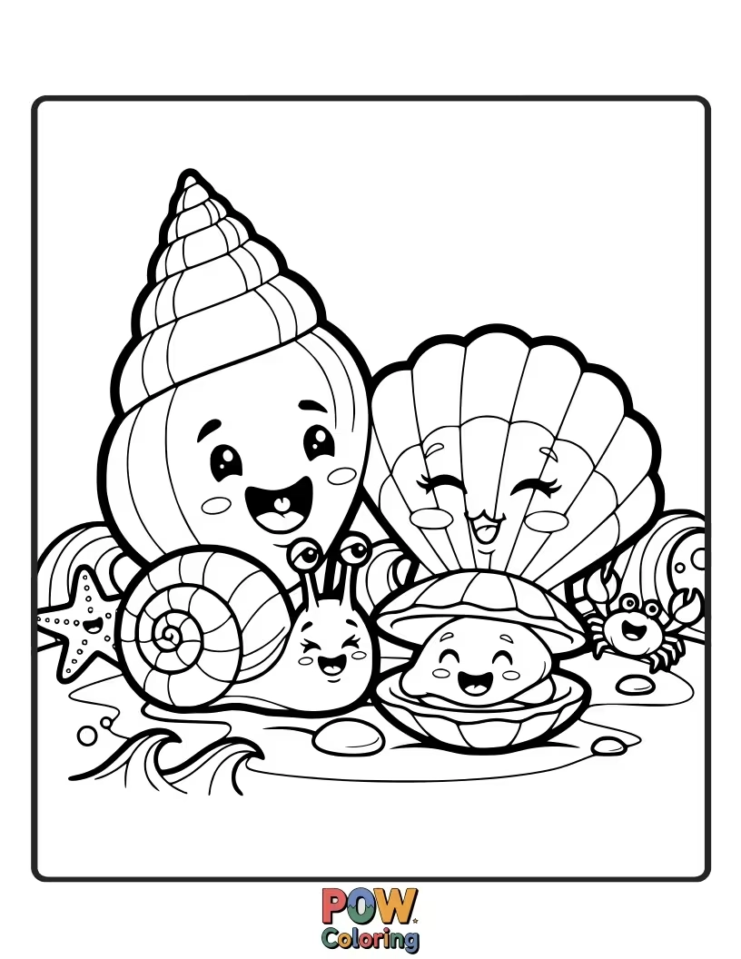 Free coloring page of A mother, father, and baby seashell, all with happy faces and intertwined, showcasing family love.