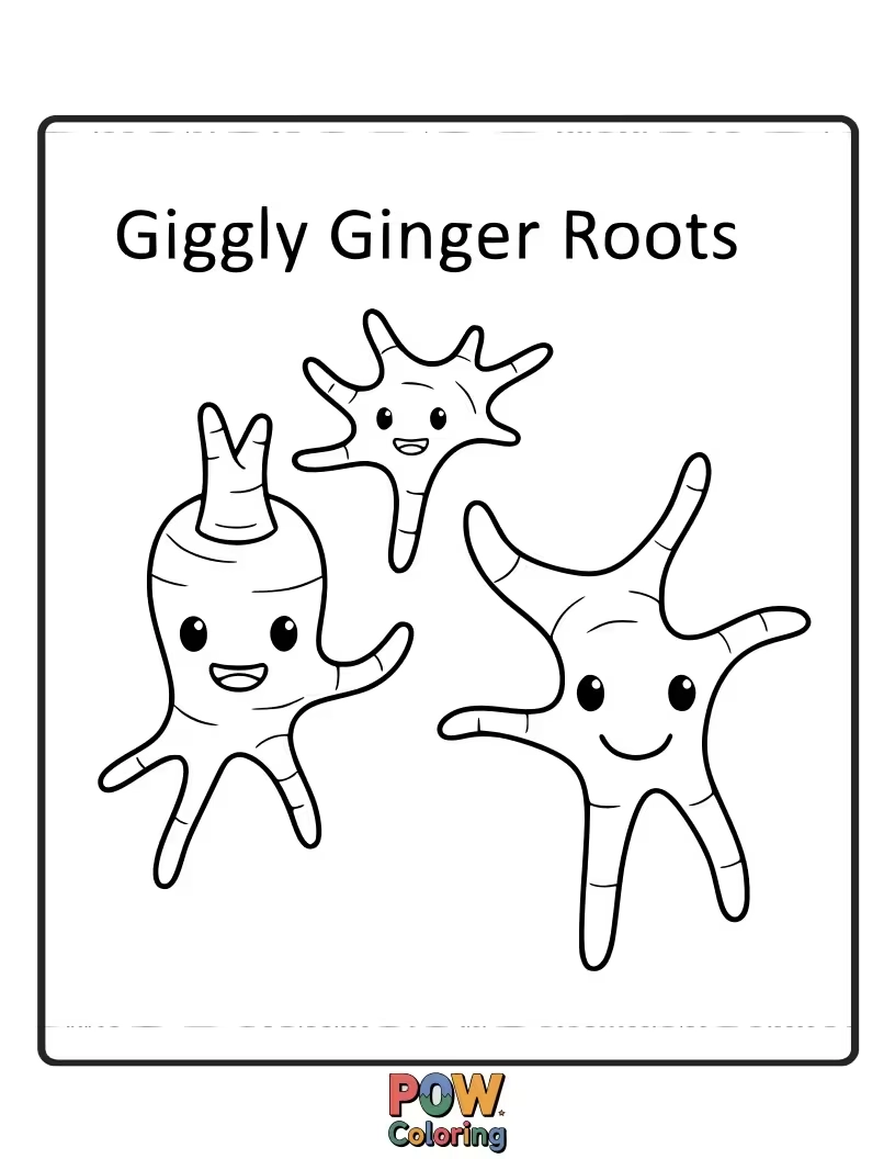 Free coloring page of A bunch of curly ginger roots with happy, giggling faces, enjoying a playful dance in the soil.