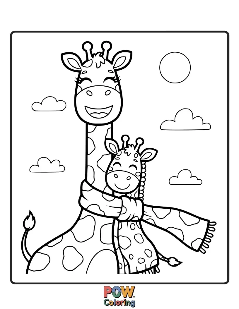 Free coloring page of A tall giraffe with a long, striped scarf wrapped around its neck. Imagine the fun patterns it can wear.