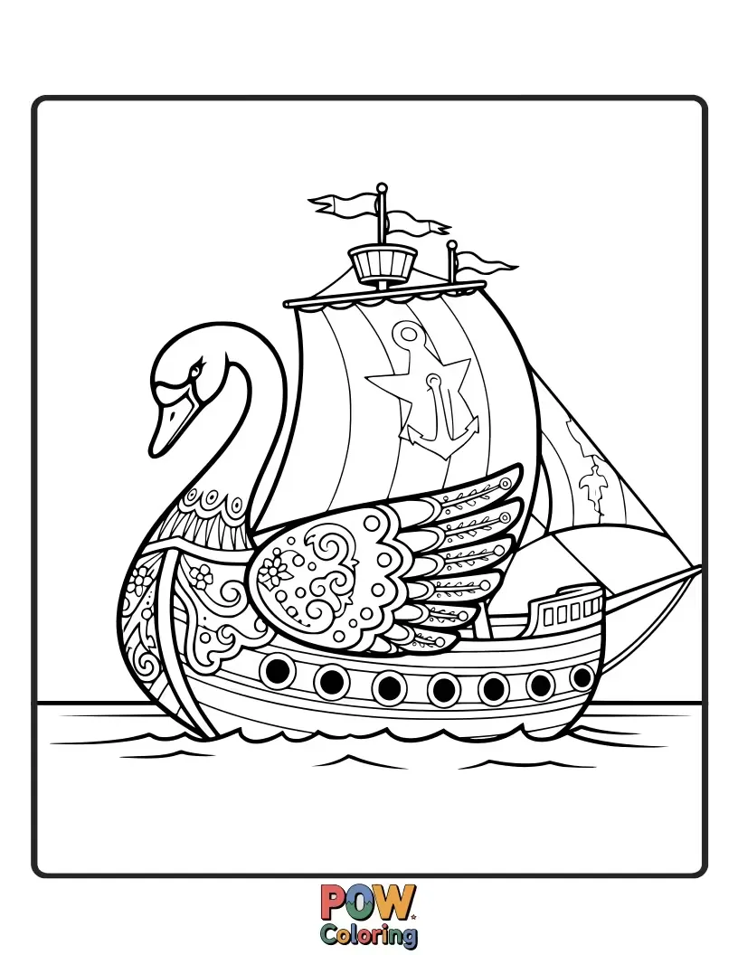 Free coloring page of An elegant swan-shaped ship adorned with intricate gold details, gliding serenely on a tranquil, moonlit lake.